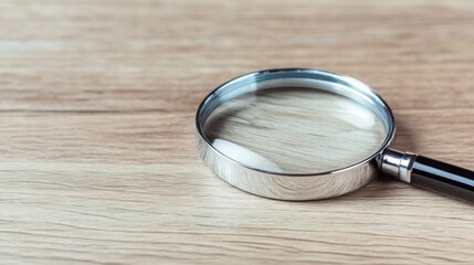Magnifying glass on wooden surface close up view