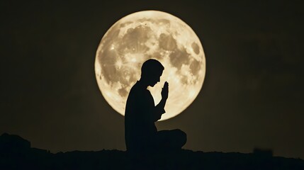 Silhouette of person in prayer, full moon