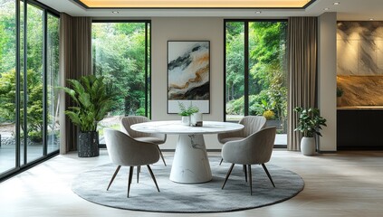 Fototapeta premium Modern dining room, marble table, garden view, sunlight, interior design