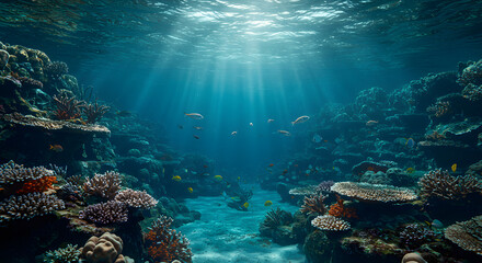 Underwater Coral Reef Scene with Sunlight and Fish