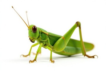 Fototapeta premium A single green grasshopper isolated on pure white, insect, still life, orthoptera