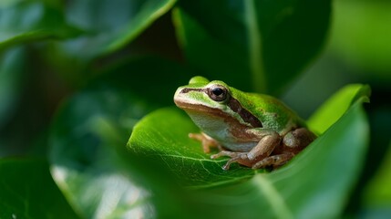 Obraz premium Tree frog resting on a vibrant leaf, bathed in soft sunlight - nature's delicate balance in a hidden world 