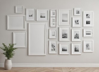 White wall with assorted frame sizes and styles; customizable photo frame gallery mockup, design, artwork, home