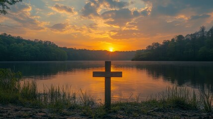 Serene Sunset Reflection with Cross at Tranquil Lakeside Scene