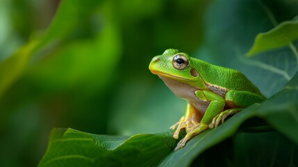 Fototapeta premium Tree frog resting on a vibrant leaf, bathed in soft sunlight - nature's delicate balance in a hidden world 