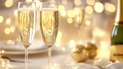 Champagne flutes festive holiday celebration golden lights