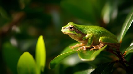 Obraz premium Tree frog resting on a vibrant leaf, bathed in soft sunlight - nature's delicate balance in a hidden world 