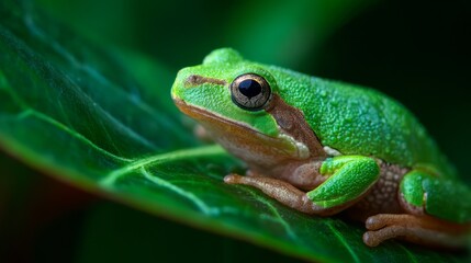 Obraz premium Tree frog resting on a vibrant leaf, bathed in soft sunlight - nature's delicate balance in a hidden world 