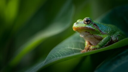 Obraz premium Tree frog resting on a vibrant leaf, bathed in soft sunlight - nature's delicate balance in a hidden world 