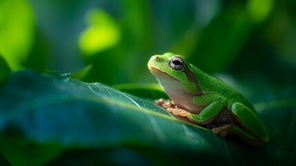 Fototapeta premium Tree frog resting on a vibrant leaf, bathed in soft sunlight - nature's delicate balance in a hidden world 