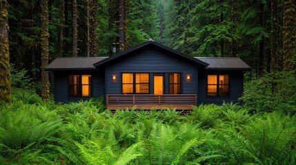 Serene Modern Cabin Surrounded by Lush Green Forest Environment