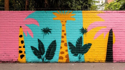 Vibrant Urban Mural with Tropical Plants and Colorful Background
