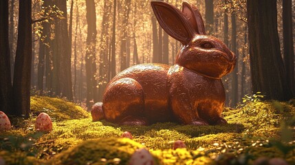 Obraz premium Surreal giant chocolate Easter bunny standing in enchanted forest with warm glow, magic realism concept, UHD 8K rendering of whimsical fantasy scene,