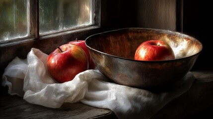 red apple in a wooden bowl