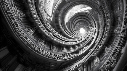 Swirling data vortex coalescing into cutting edge neural core architecture. [Graviton Cities] | Vortex Architecture | spiral lift. Illustration