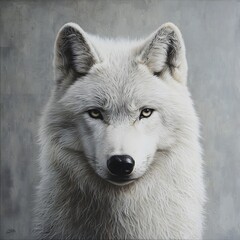 Obraz premium Close-up detailed portrait of a majestic Siberian husky dog with piercing eyes and thick white fur, showcasing the beauty and strength of this breed against a neutral background