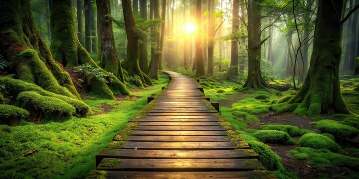 Beautifully Lit Agarwood Forest Path Invitation , wooden path , moss ,  wooden path , moss