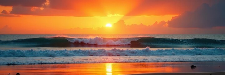 Vibrant orange sky, Pacific Ocean waves on Long Beach shore, ocean, view
