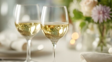 Two wine glasses with white wine on an elegant table; a moment of refined relaxation and simple luxury.
