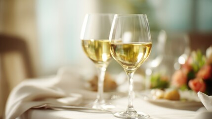 Two wine glasses with white wine on an elegant table; a moment of refined relaxation and simple luxury.
