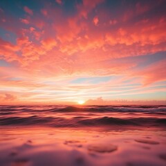 Fototapeta premium Dramatic orange and red sunset clouds paint the sky over the tranquil blue sea and sandy beach at dusk