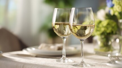 Two wine glasses with white wine on an elegant table; a moment of refined relaxation and simple luxury.
