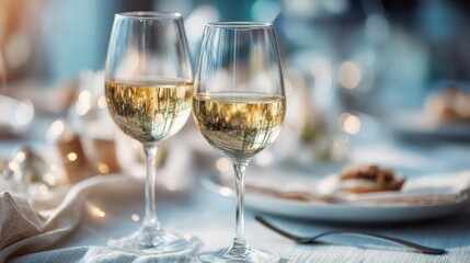 Two wine glasses with white wine on an elegant table; a moment of refined relaxation and simple luxury.
