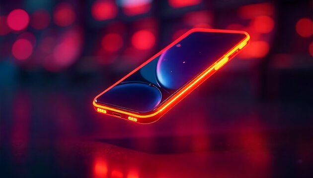 Neon Smartphone Glowing in Red Light Abstract Technology Background