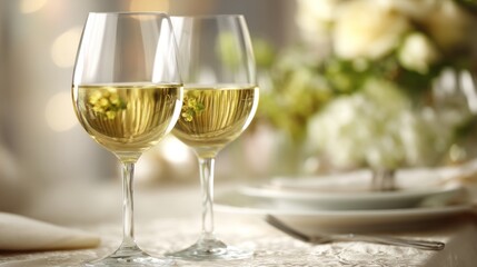 Two wine glasses with white wine on an elegant table; a moment of refined relaxation and simple luxury.
