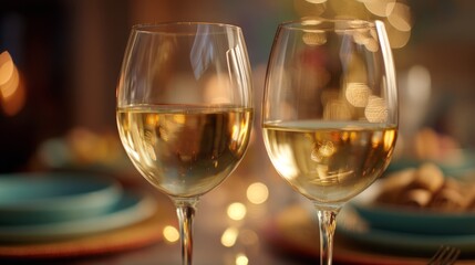 Two wine glasses with white wine on an elegant table; a moment of refined relaxation and simple luxury.

