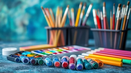 Obraz premium Colorful Art Supplies and Brushes for Creative Inspiration and Projects