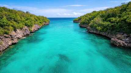 Fototapeta premium Serene Tropical Cove with Crystal Clear Water and Lush Green Hills