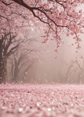 Falling sakura petals, blurred spring backdrop, soft pink hues  Dreamy, ethereal feel ,  petals,  delicate