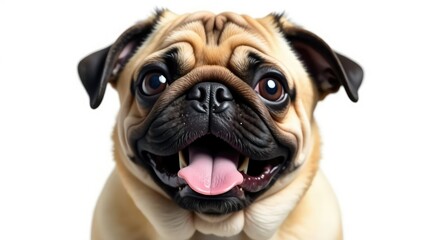 Playful pug, isolated on white Happy expression , molossoid, canidae, funny face