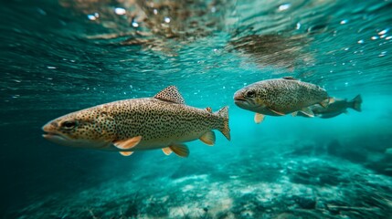 Underwater view of trout swimming in clear river, natural aquatic environment, soft diffused light, 