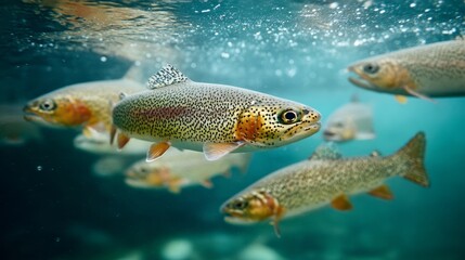Underwater view of trout swimming in clear river, natural aquatic environment, soft diffused light, 