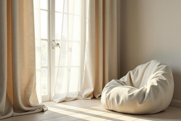 Soft, flowing linen curtains, neutral beige tone, off-white, background, soft