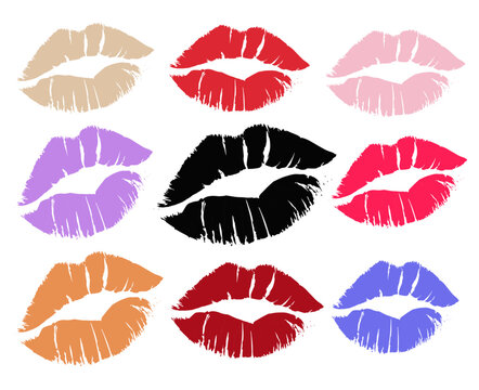 Colorful lipstick kiss marks silhouette set – vector lips imprint collection, female lips illustration isolated on white background.