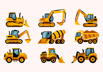 Collection of Colorful Flat Construction Vehicles