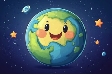 Smiling Earth Cartoon Space Illustration