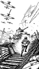 Fototapeta premium WWII Trench Battle Scene – Hand-Drawn War Illustration with Tanks and Fighter Planes