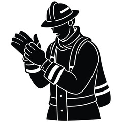 Firefighter vector Silhouette illustration Firefighter adjusting gloves