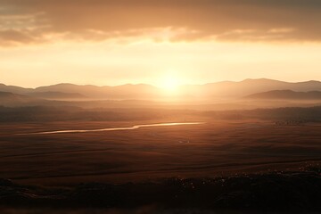 Golden Sunrise Over Serene Valley Landscape with Winding Road Picturesque mountain range scenery at dawn