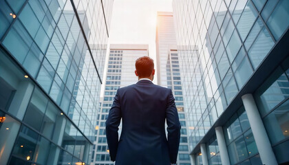 Fototapeta premium Businessman in City Skyscraper Reflection