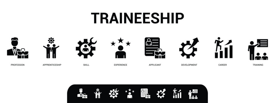 Traineeship banner website icon vector illustration concept for apprenticeship on job training program with icon of applicant, work experience, skills, internship, career, profession.