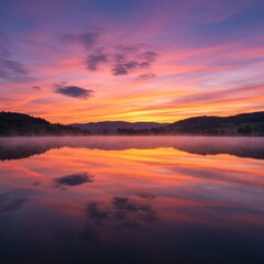 Fototapeta premium Vibrant Sunset Reflection on a Calm Lake