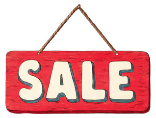 Brightly colored sale sign hanging from a rope indicates discounts in a store isolated on transparent background.