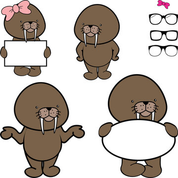 cute chibi warlus cartoon singboard pack collection  illustration in vector art
