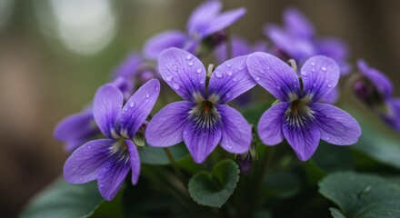 Obraz premium Closeup of Purple Violets with Dewdrops