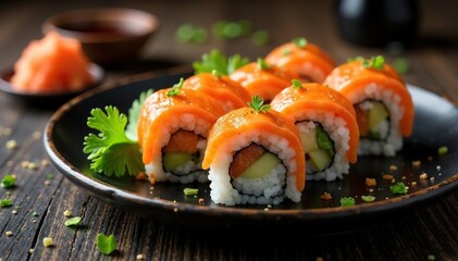 Various sushi rolls, soy sauce, wasabi, ginger, elegant, fresh